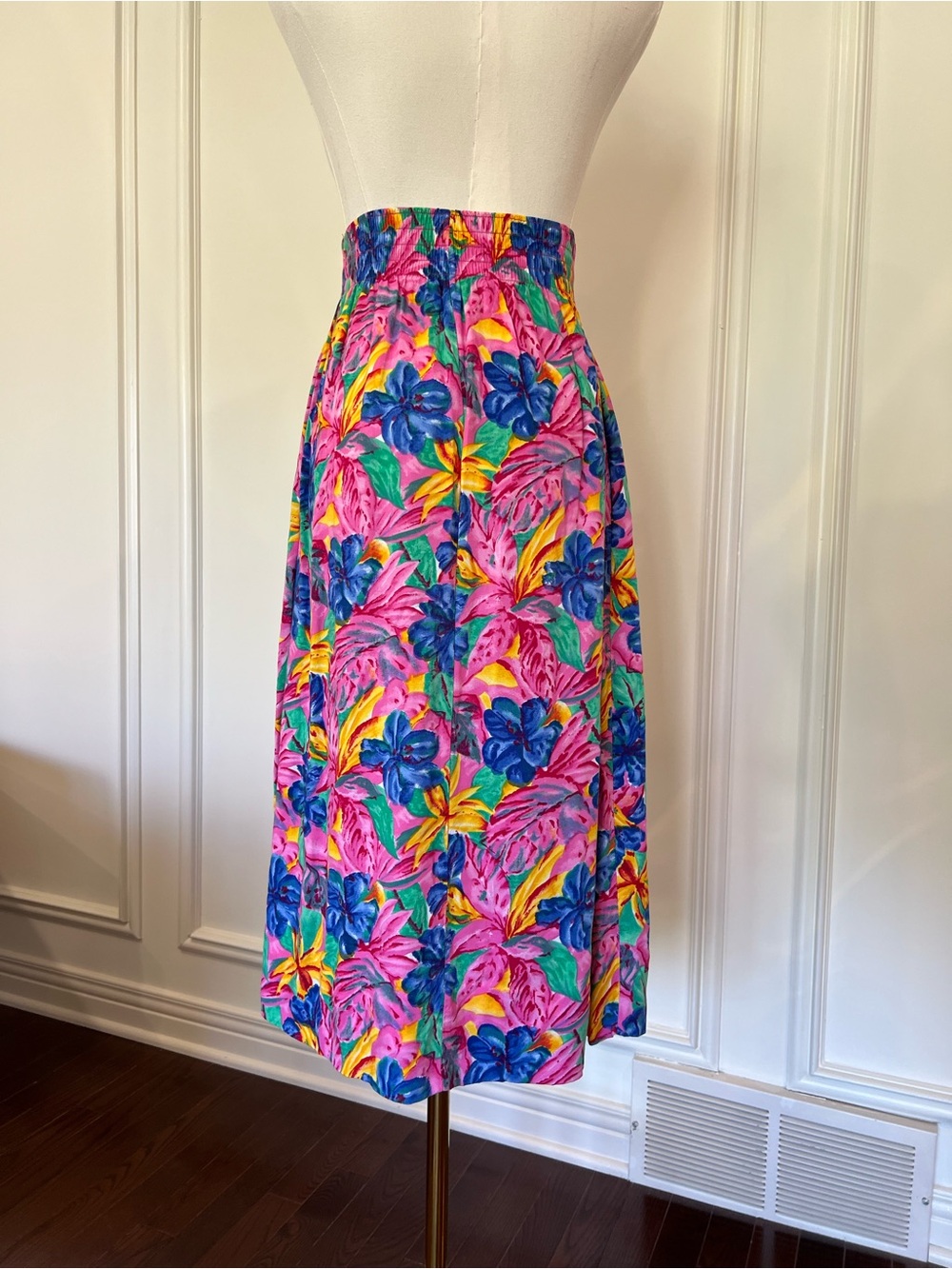 Vintage Tropical Floral Midi Skirt High Waist Belted Resort Euro Summer Rayon - Picture 2 of 5